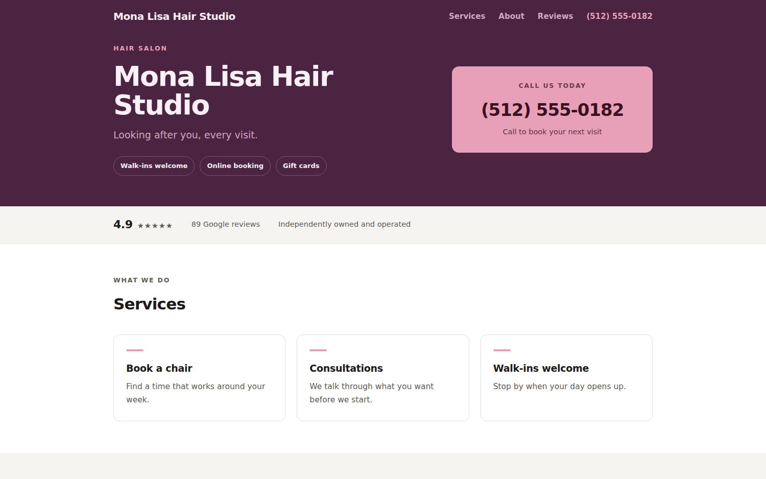 Concept homepage for a hair salon showing the business name, phone number and customer rating