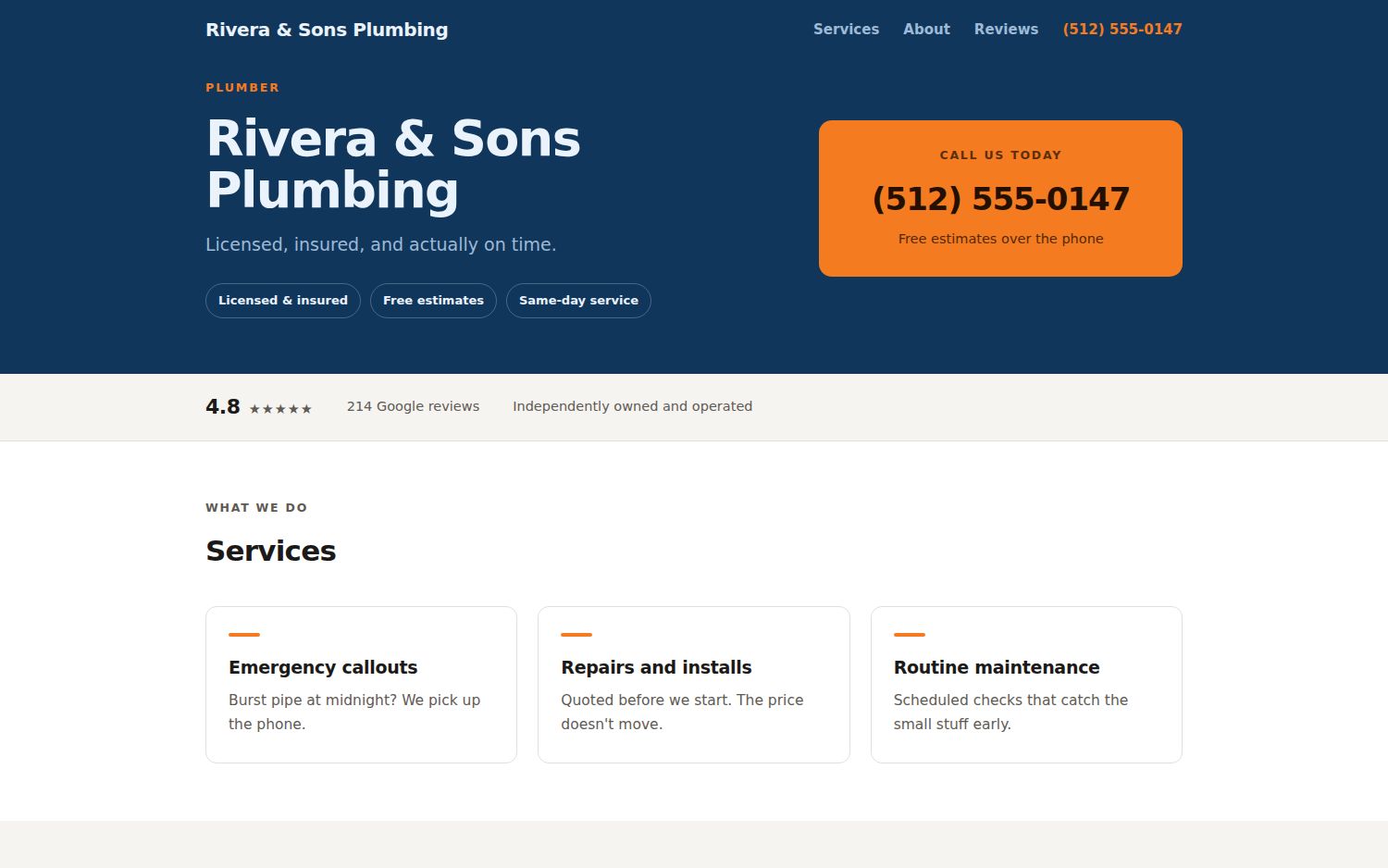 Concept homepage for a plumbing company showing the business name, phone number and customer rating